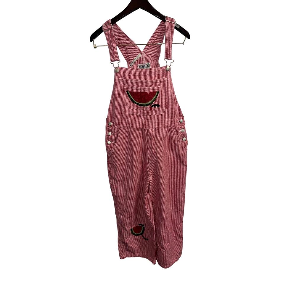 Vintage Matthews Red White Striped Seersucker Watermelon Overalls Size M